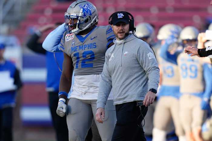 Dec 27, 2022; Dallas, Texas, USA; Memphis Tigers head coach Ryan Silverfield reacts during the second half in the 2022 First Responder Bowl at Gerald J. Ford Stadium. Mandatory Credit: Chris Jones-USA TODAY Sports